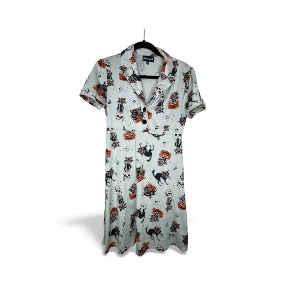 Sourpuss Black Cat Rosie Dress Cream Button Dress Goth Halloween Rockabilly Med - Picture 5 of 14